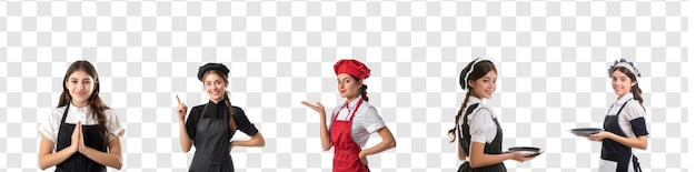 PSD pretty young waitress in uniform greeting with respect palm joint gesture isolate on transparency background