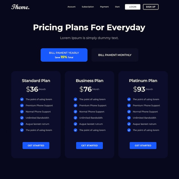 pricing table template for website