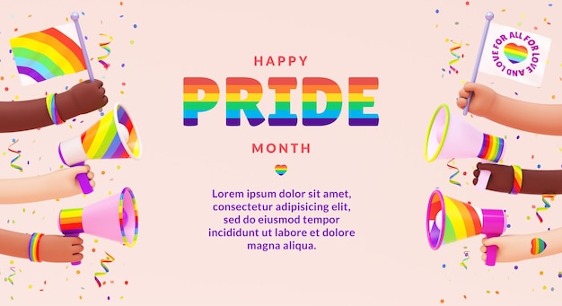 PSD pride festive banner background with hands flags megaphones and copy space for lgbtqia pride day