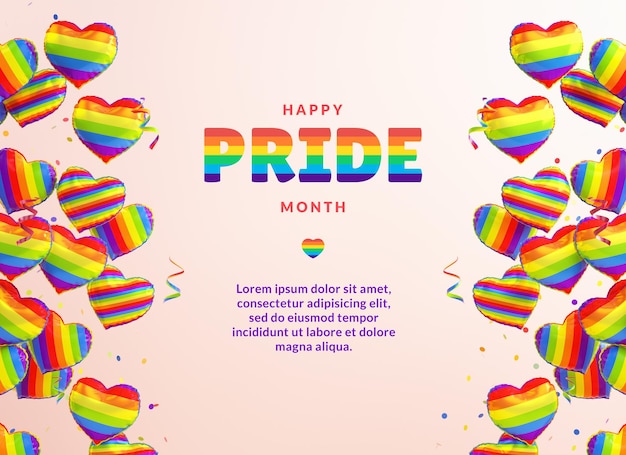 PSD pride month festive banner template with rainbow heart balloons text space for lgbtqia celebration