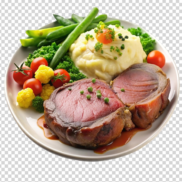 PSD prime rib with vegetables and mashed potatoes isolated white background