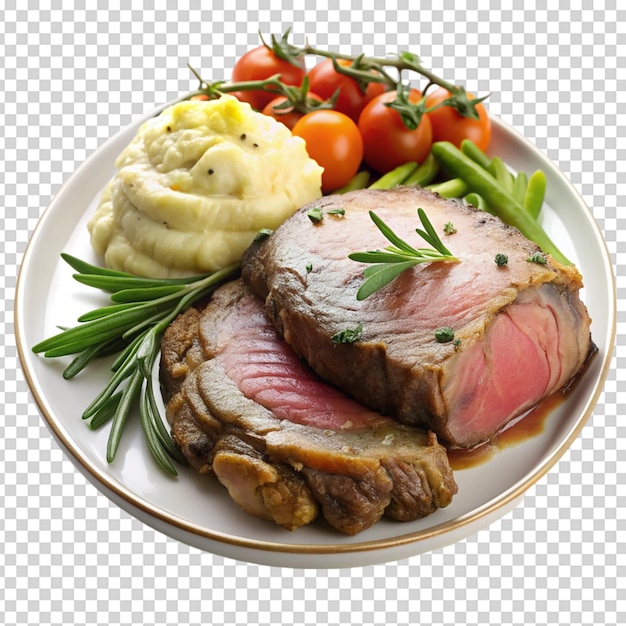 Prime rib with vegetables and mashed potatoes Isolated white background