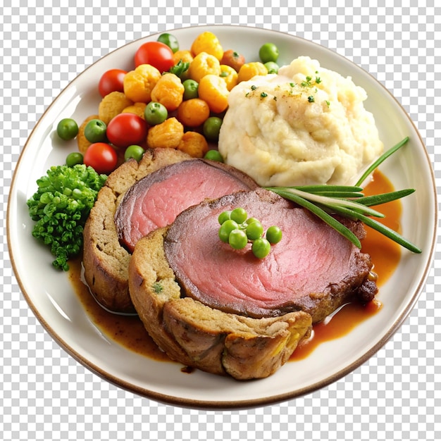 Prime rib with vegetables and mashed potatoes Isolated white background