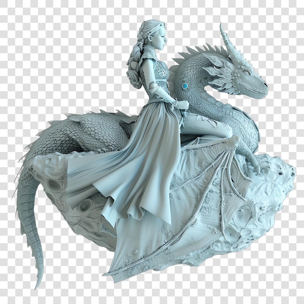 PSD princess riding a dragon in dusty blue realitic isolated on transparent background