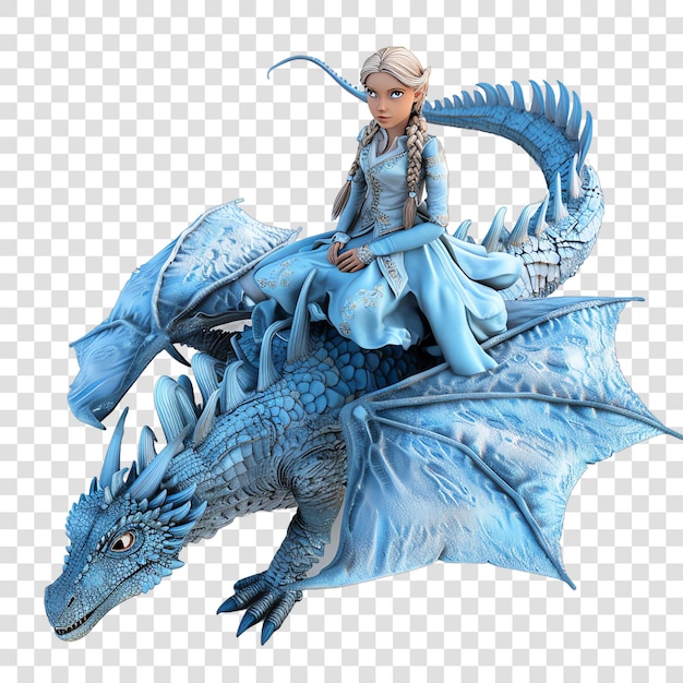 PSD princess riding a dragon in dusty blue realitic isolated on transparent background