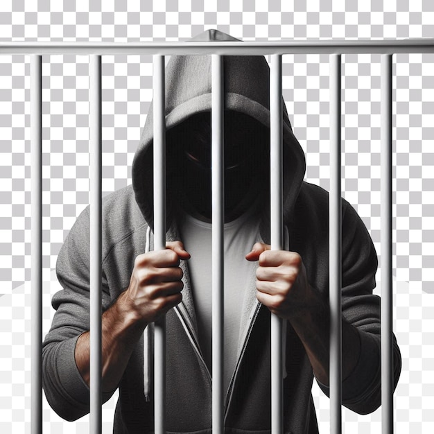 PSD prisoner stand behind iron prison bars isolated on a transparent background