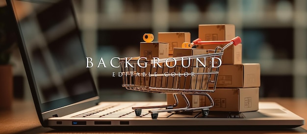 product boxes in a small shopping cart on a laptop keyboard Online shopping concept