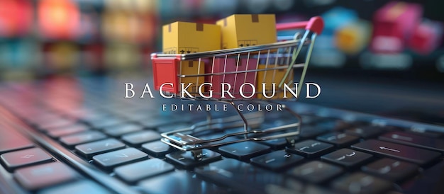 PSD product boxes in a small shopping cart on a laptop keyboard online shopping concept