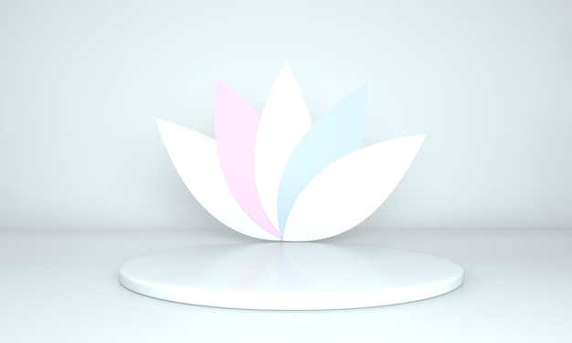 Product display podium decorated with leaves on pastel background, 3d illustration