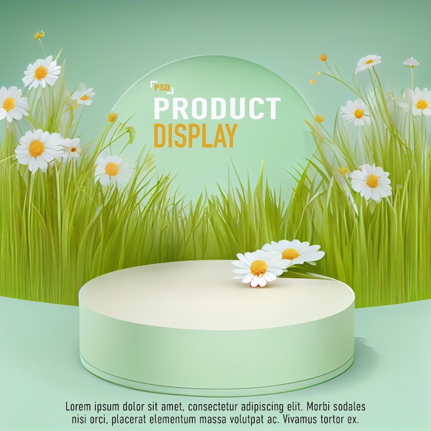 product display with a grass and flowers in the background