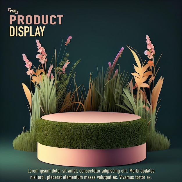 product display with a green background and plants