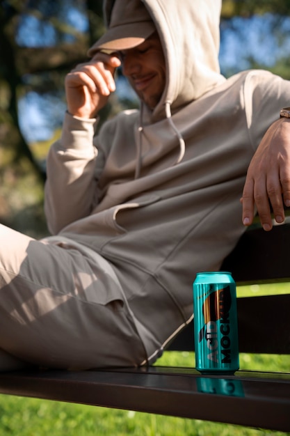 PSD product placement model holding drink