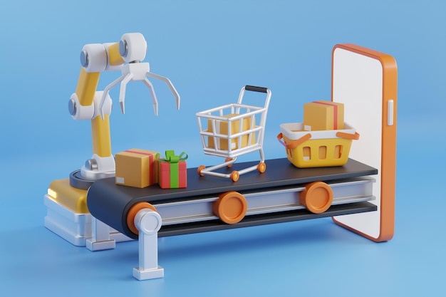 The production line leaves the smartphone and the robot arm Robot Arm Manage