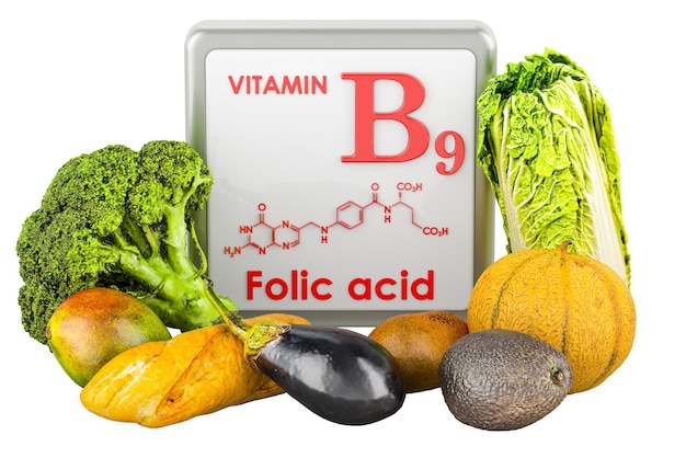 PSD products containing vitamin b9 folic acid 3d rendering isolated on transparent background