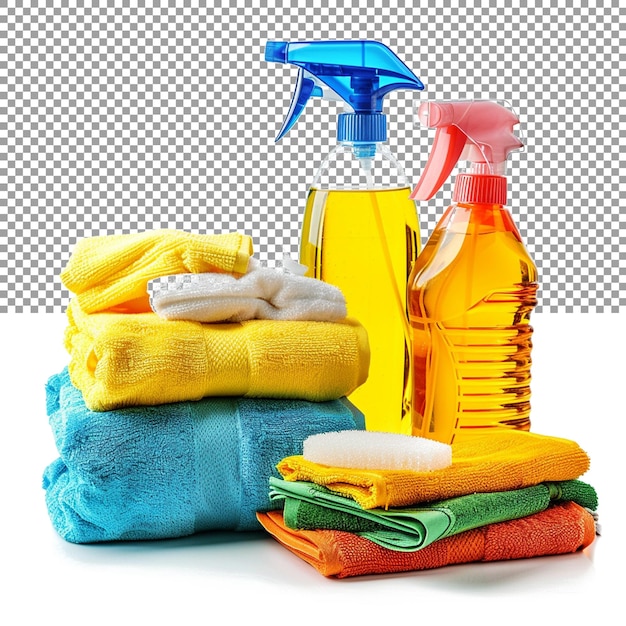 Products like sprays wipes and detergents used for main on transparent background