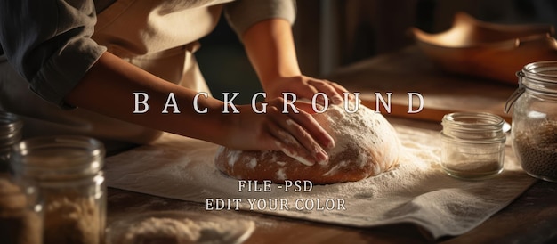 Professional baker woman preparing dough for bread such as sourdough or artisan bread on kitchen table