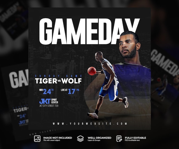 PSD professional basketball game social media post banner template or basketball player flyer