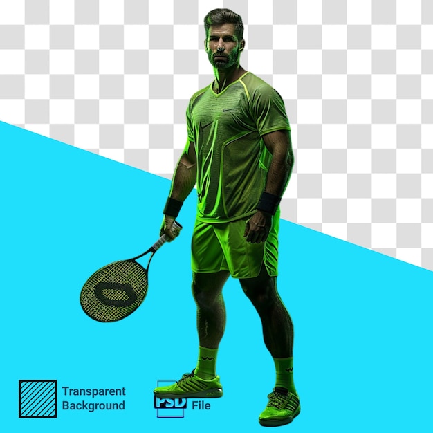 Professional big tennis player training on game court dynamic motion isolated on transparent