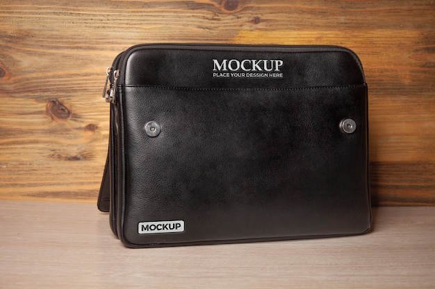 Professional black leather briefcase with branding