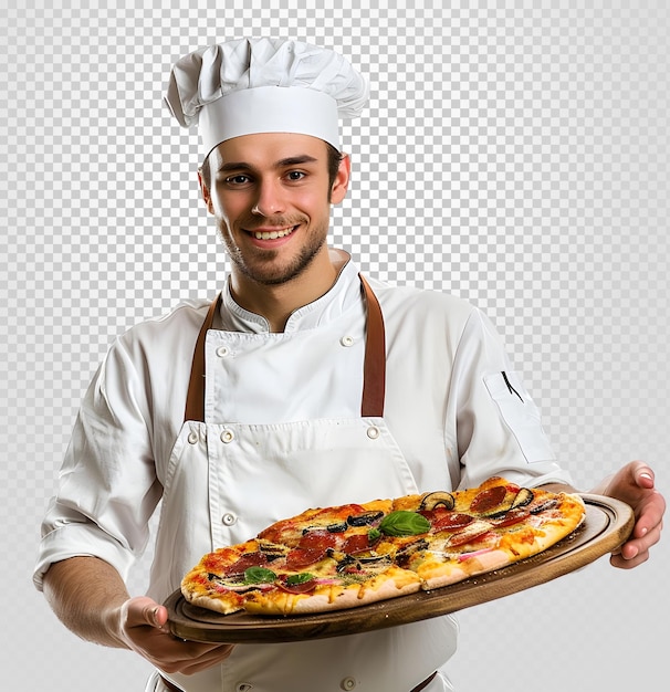 Professional Chef holds pizza in his hands isolated on transparent background