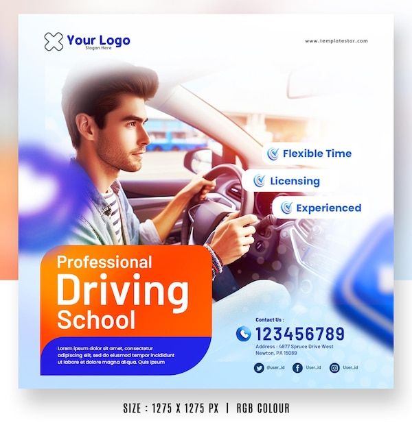 PSD professional driving school squared flyer banner templates