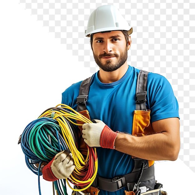 Professional Electrician in Blue T shirt and White Helmet