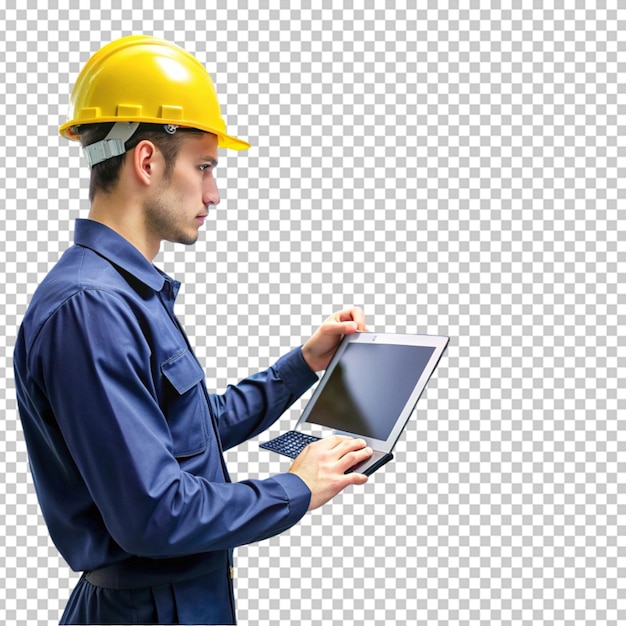 Professional engineer in hardhat point at laptop screen for engineering computer software