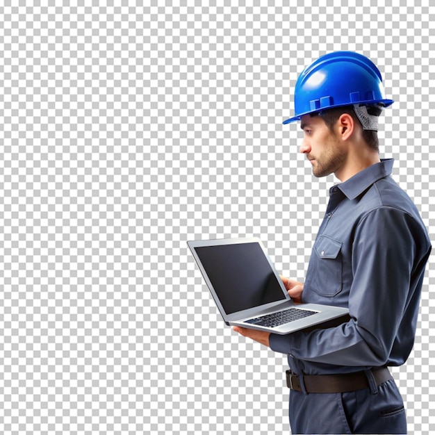 Professional engineer in hardhat point at laptop screen for engineering computer software