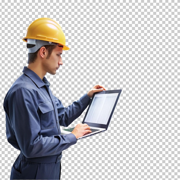 Professional engineer in hardhat point at laptop screen for engineering computer software