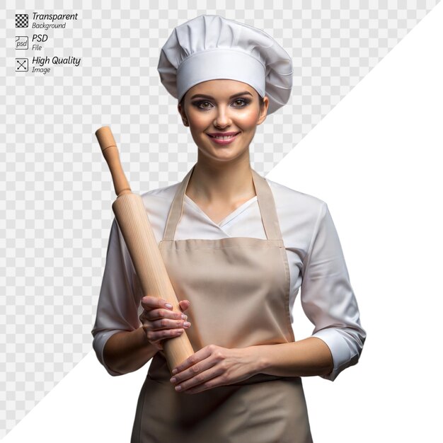 Professional female chef holding a rolling pin confidently