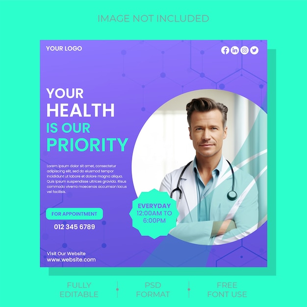 Professional Health Care Banner with doctor theme for social media post template