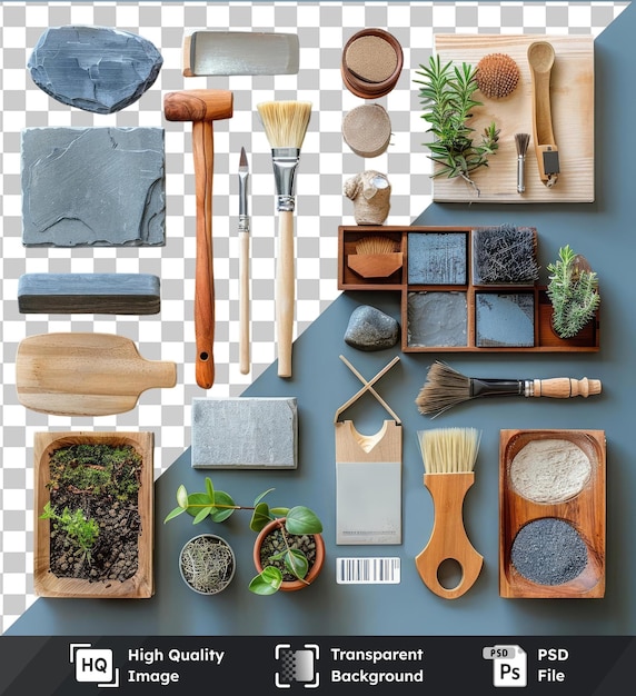 professional landscaping design tools set displayed on a blue wall accompanied by a potted plant and a wooden spoon