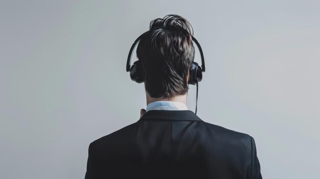 PSD professional man wearing headphones while preparing for a presentation or conference in a minimalistic setting