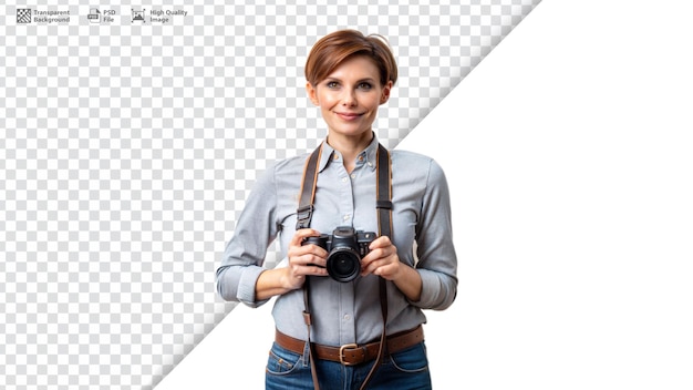 PSD professional photographer holding camera isolated on white background