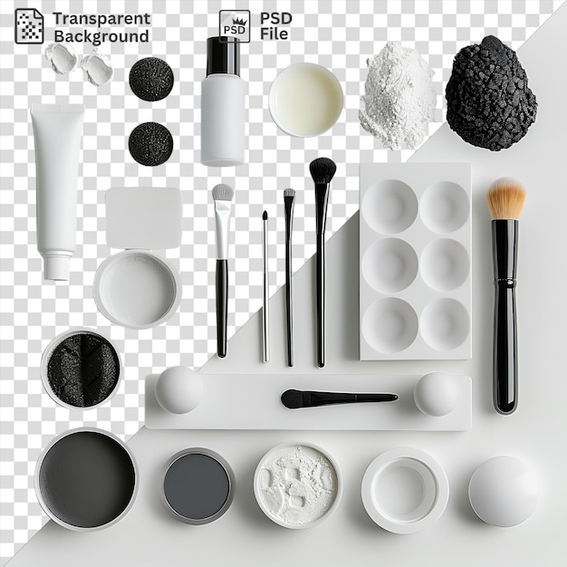 professional stage makeup and effects set up on a transparent background with a black brush white cup and black and white bottle