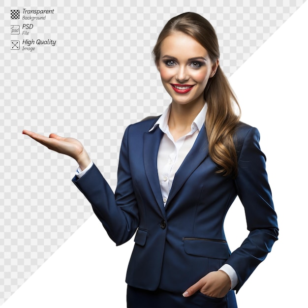 Professional woman in suit presenting an invisible product