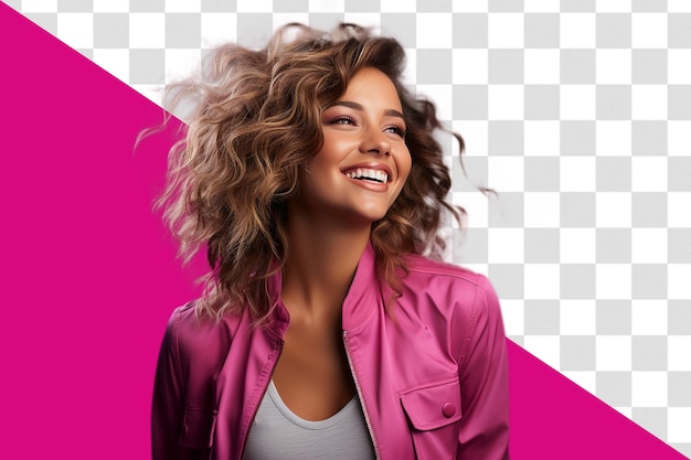 Profile side view portrait of attractive cheerful girl demonstrating copy space ad new isolated over