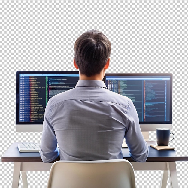 Programing background with person working on computer on transparent background