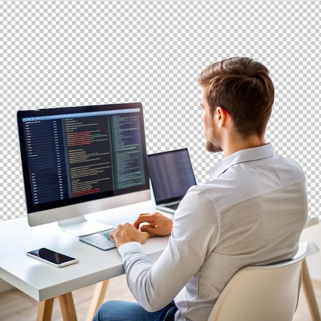 PSD programing background with person working on computer on transparent background