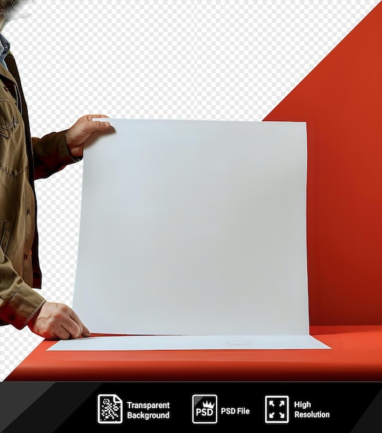 project sketching on a piece of paper with a red and orange wall in the background and a man with gray hair in the foreground png psd