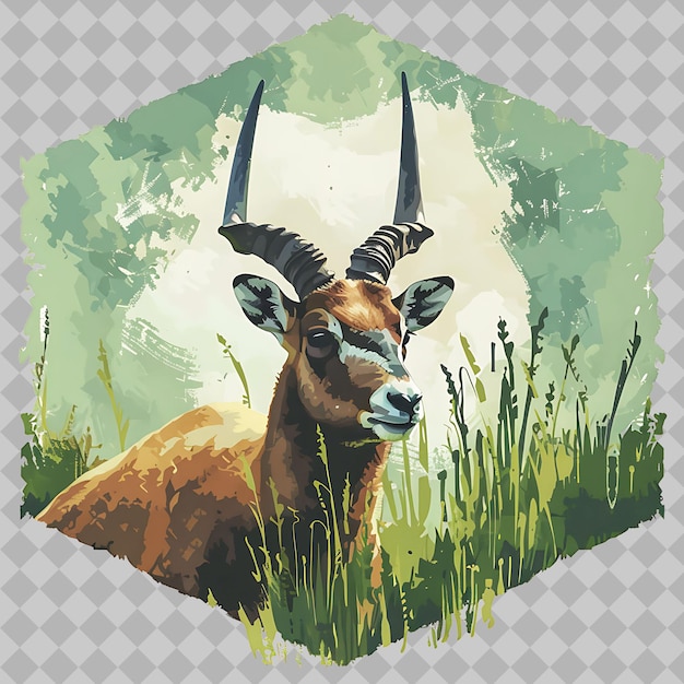 PSD pronghorn animal inside a silhouette hexagon grass adorned w png watercolor animal designs