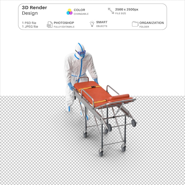 Protective Suit with Stainless Steel Ambulance Hospital Bed Gurney 3D Modeling PSD File