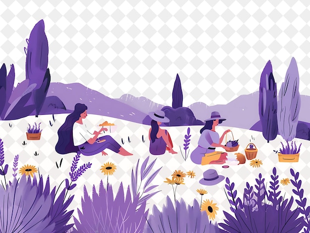 Provencal Lavender Field With Characters Having a Picnic Des People Life Style Flat Illustration