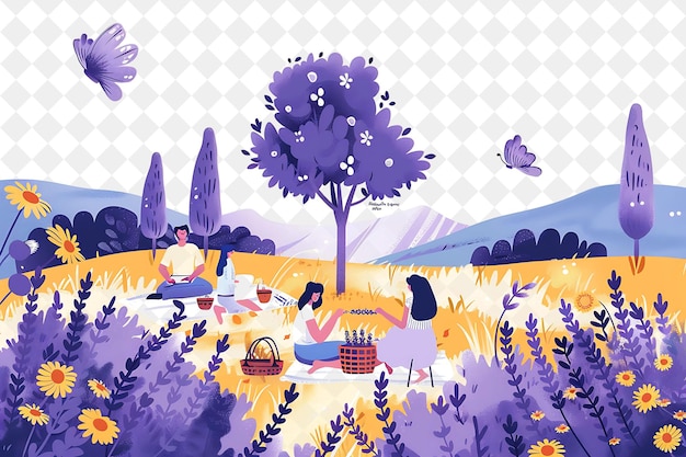 Provencal Lavender Field With Characters Having a Picnic Des People Life Style Flat Illustration