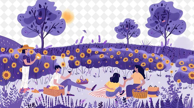 Provencal Lavender Field With Characters Having a Picnic Des People Life Style Flat Illustration