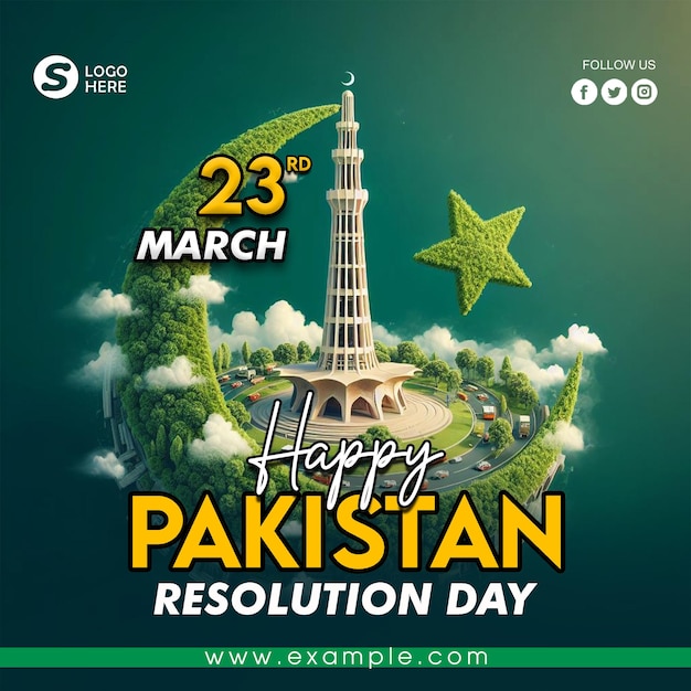 PSD 23rd march pakistan resolution day social media banner template with minar e pakistan and flag