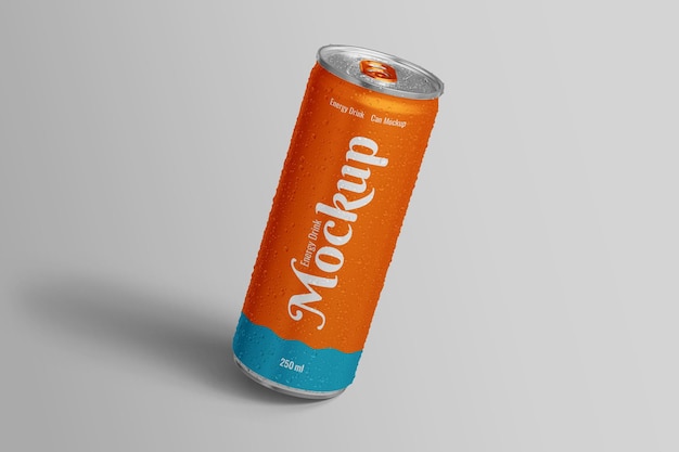 PSD 250ml soda can mockup with water drops