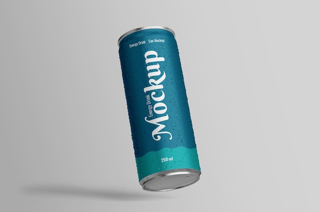 PSD 250ml soda can mockup with water drops