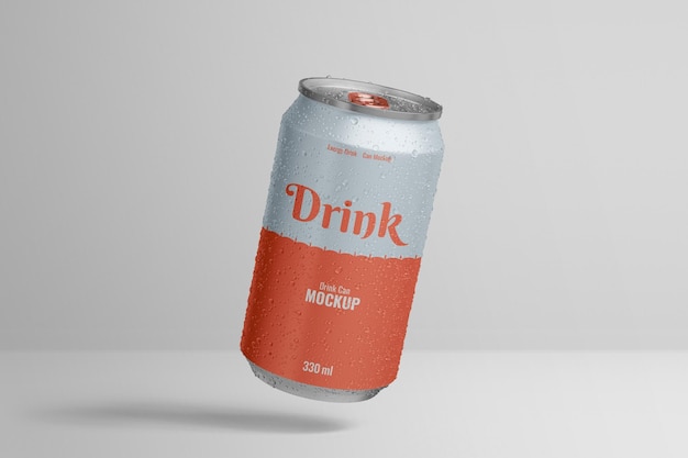 PSD 330ml soda can mockup with water drops