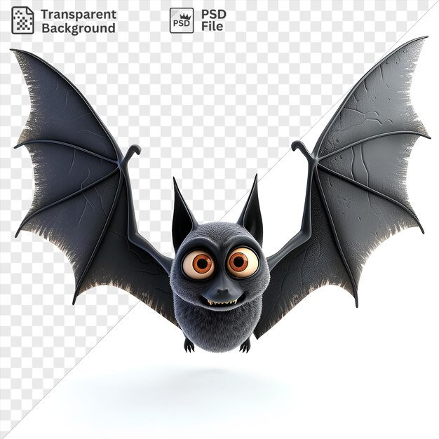 PSD psd 3d animated bat flying with eerie wings and orange eyes accompanied by a black bat and a gray and black bat against a white sky backdrop